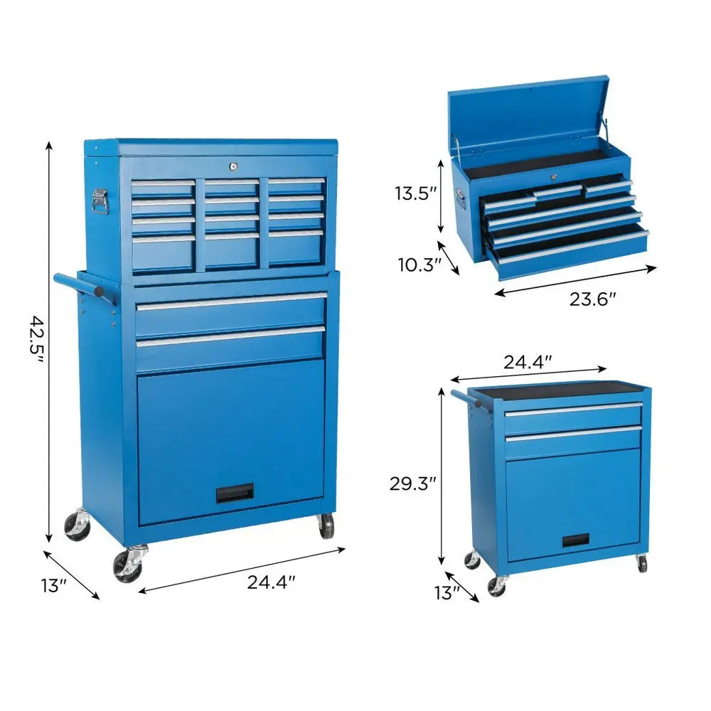 Set of Two Blue Multi - Tier Steel Rolling Cabinet With Lid - NOBLE HOME INTERIORS