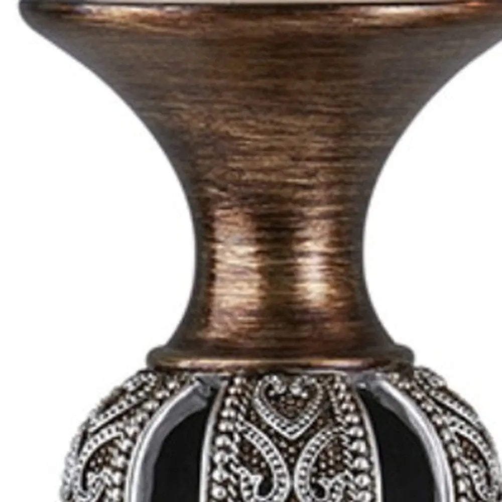 Set of Two Bronze and Silver Polyresin Hearts Centerpiece Pillar Candle Holders With Candle - NOBLE HOME INTERIORS