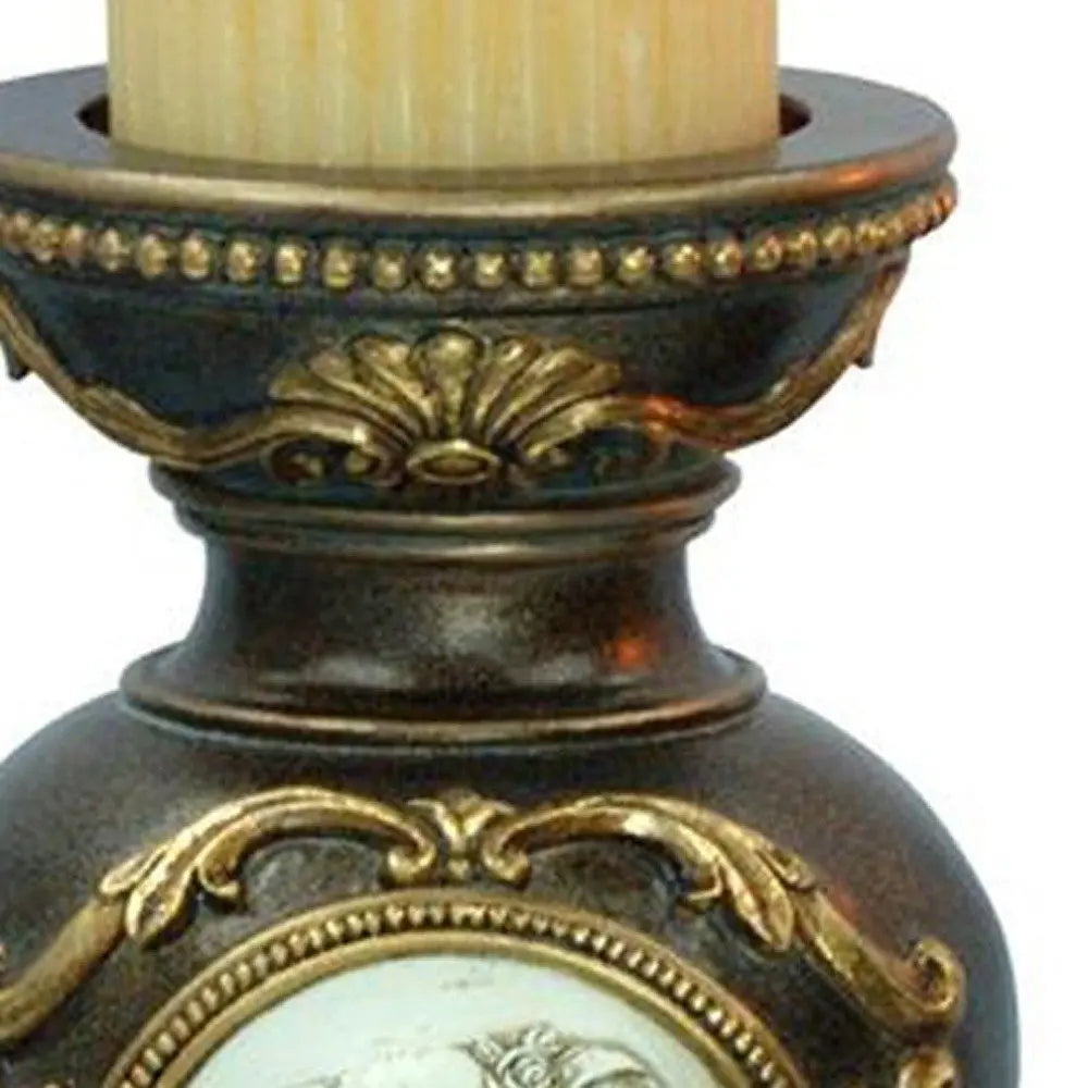 Set Of Two Bronze Greek Cameo Pillar Candle Holders - NOBLE HOME INTERIORS