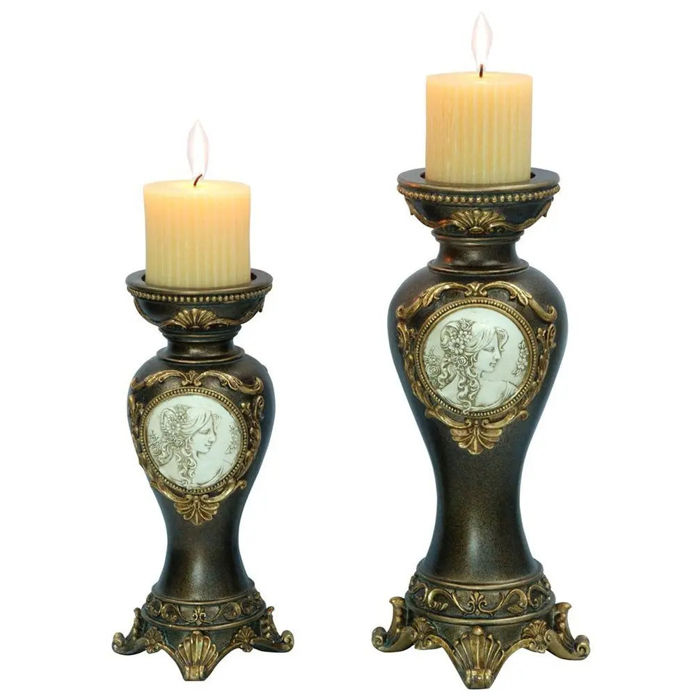 Set Of Two Bronze Greek Cameo Pillar Candle Holders - NOBLE HOME INTERIORS