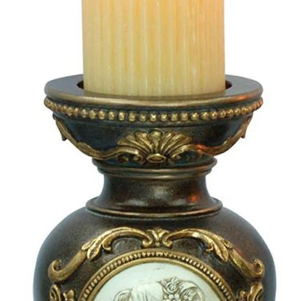 Set Of Two Bronze Greek Cameo Pillar Candle Holders - NOBLE HOME INTERIORS