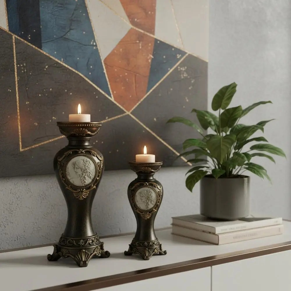 Set Of Two Bronze Greek Cameo Pillar Candle Holders - NOBLE HOME INTERIORS