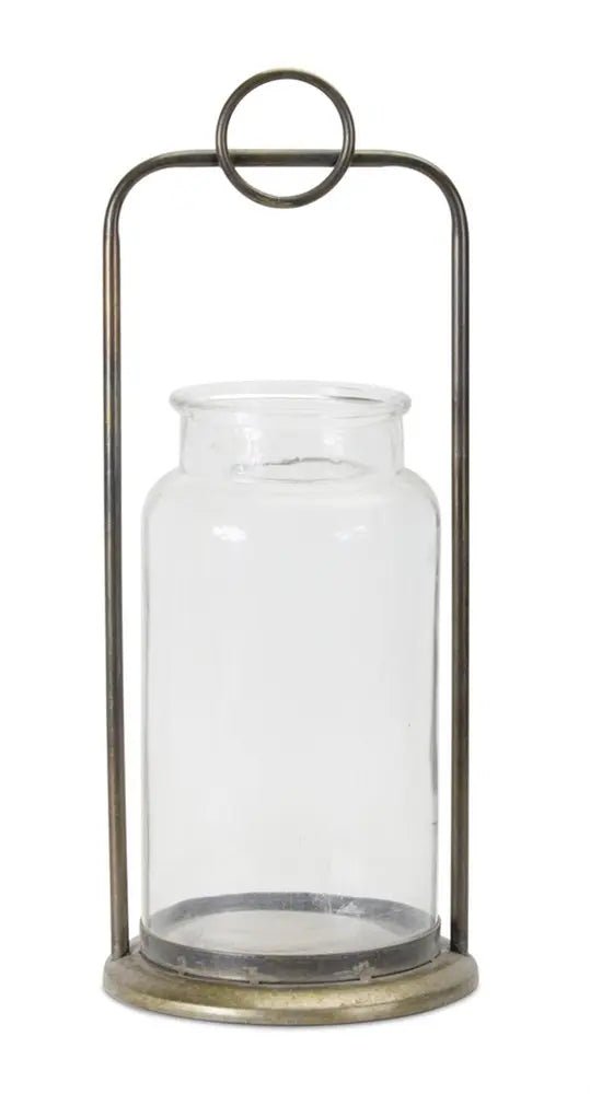 Set of Two Bronze Metal And Glass Tabletop Hurricane Candle Holders HomeRoots