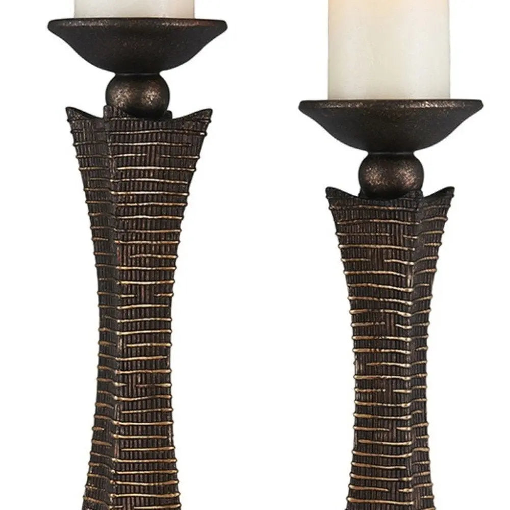 Set of Two Bronze Polyresin Woven Tabletop Pillar Candle Holders With Candle - NOBLE HOME INTERIORS