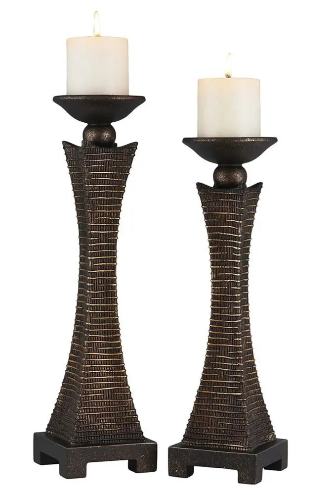 Set of Two Bronze Polyresin Woven Tabletop Pillar Candle Holders With Candle - NOBLE HOME INTERIORS