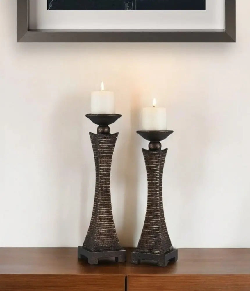 Set of Two Bronze Polyresin Woven Tabletop Pillar Candle Holders With Candle - NOBLE HOME INTERIORS