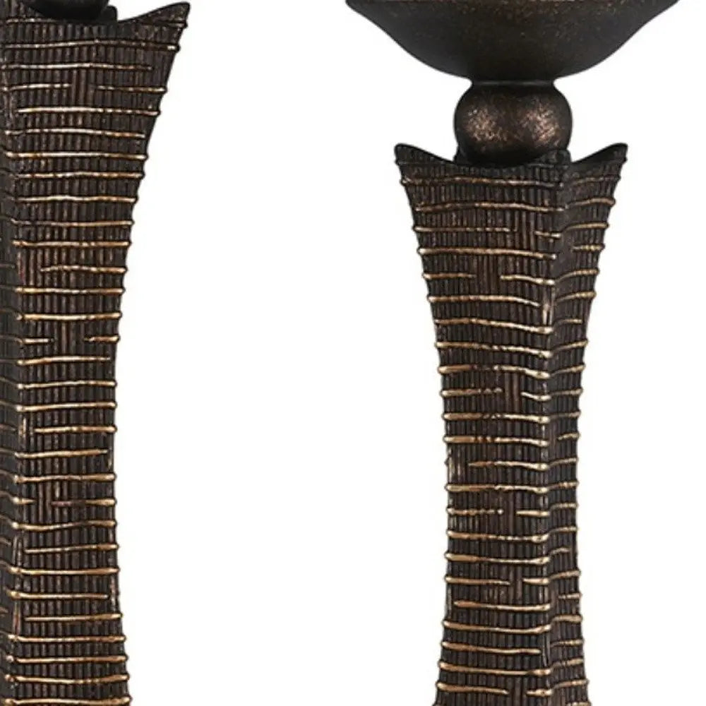 Set of Two Bronze Polyresin Woven Tabletop Pillar Candle Holders With Candle - NOBLE HOME INTERIORS