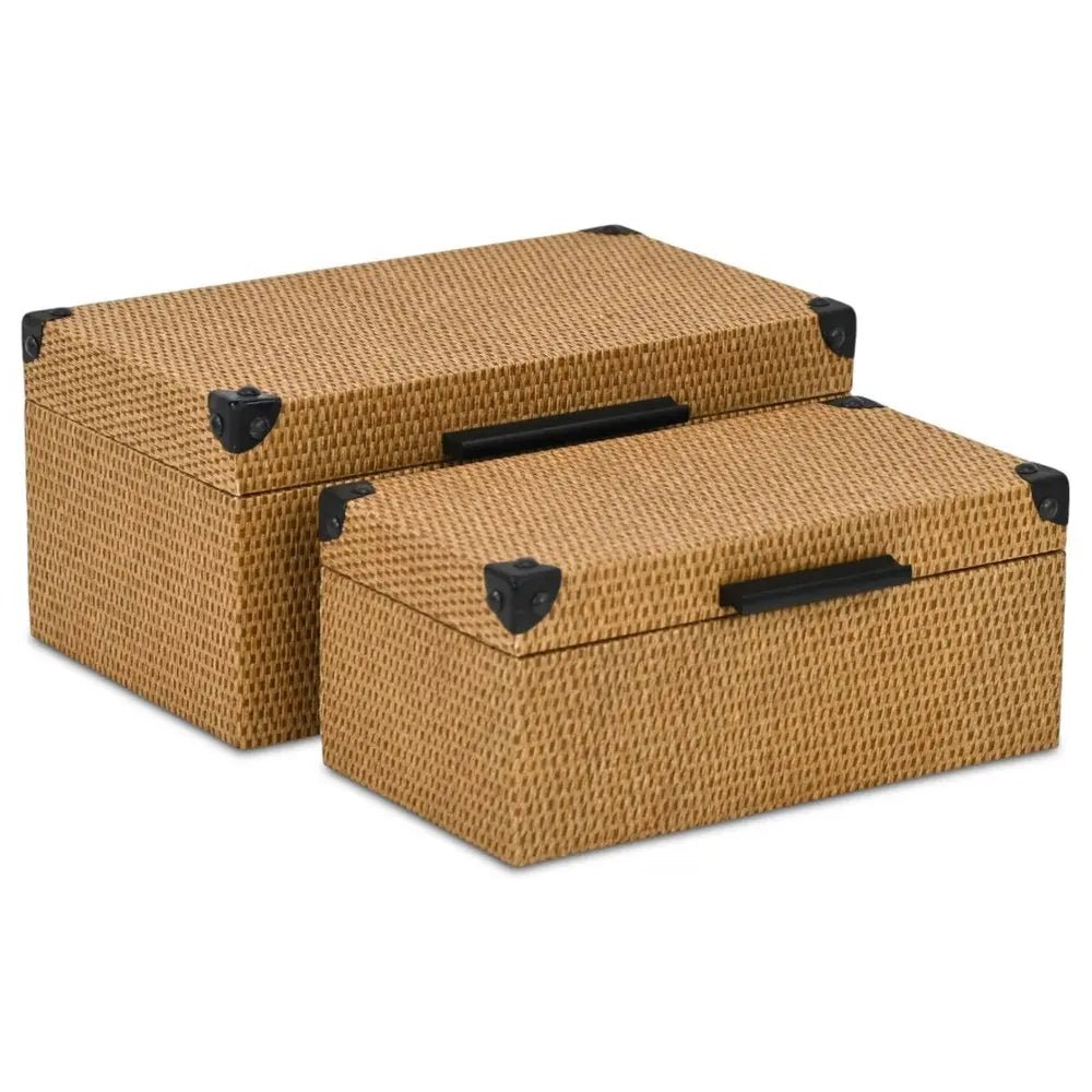 Set of Two Brown And Black Faux Rattan Nesting Storage Boxes With Lids - NOBLE HOME INTERIORS