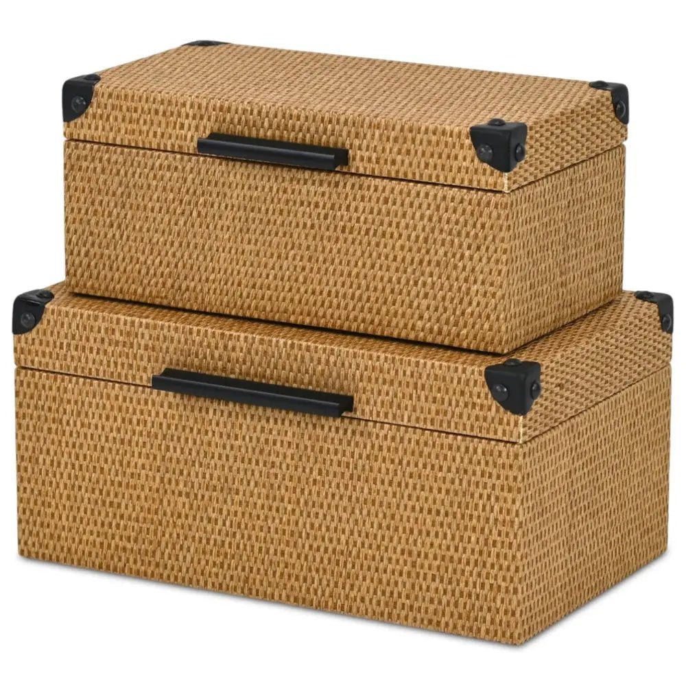Set of Two Brown And Black Faux Rattan Nesting Storage Boxes With Lids - NOBLE HOME INTERIORS
