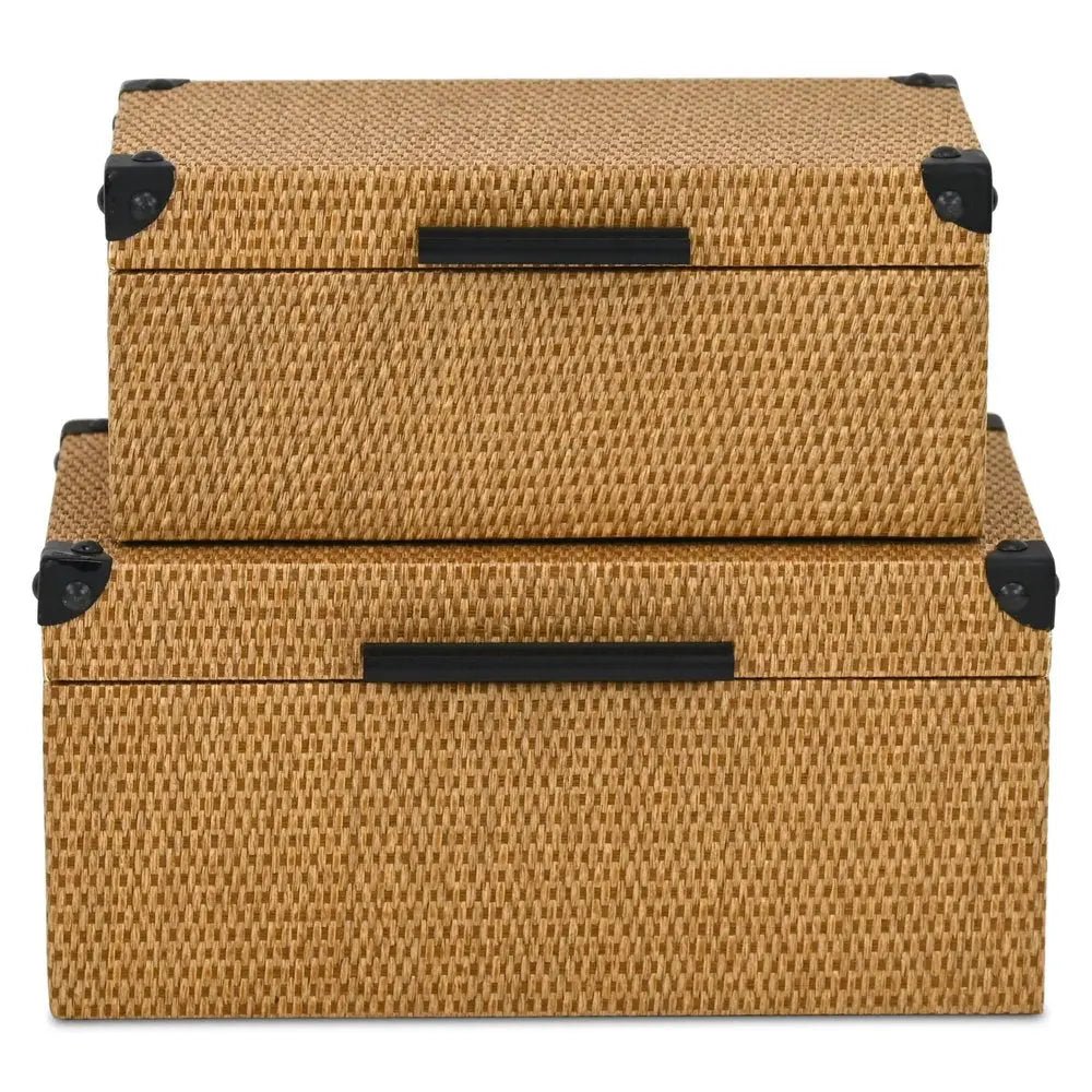 Set of Two Brown And Black Faux Rattan Nesting Storage Boxes With Lids - NOBLE HOME INTERIORS