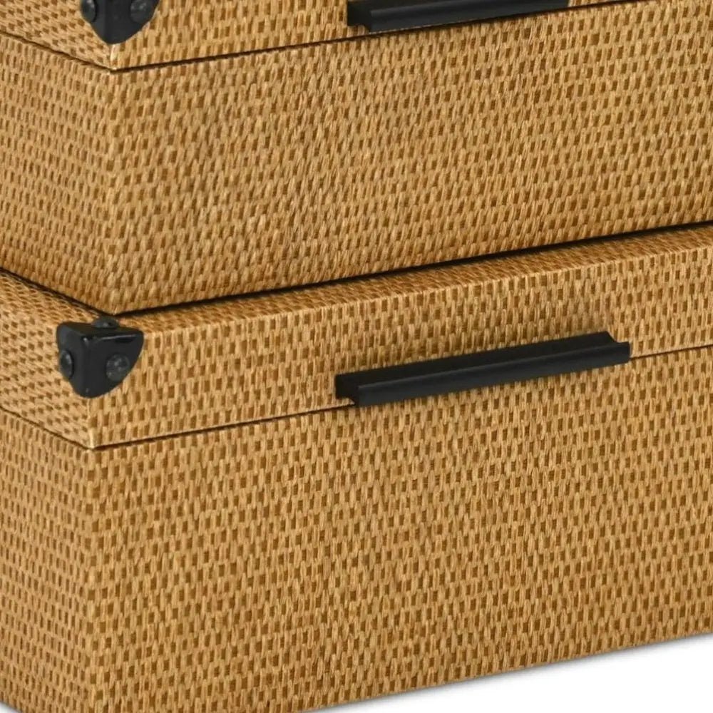 Set of Two Brown And Black Faux Rattan Nesting Storage Boxes With Lids - NOBLE HOME INTERIORS