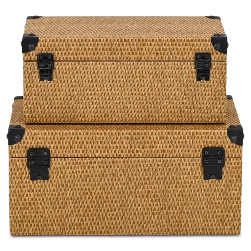 Set of Two Brown And Black Faux Rattan Nesting Storage Boxes With Lids - NOBLE HOME INTERIORS