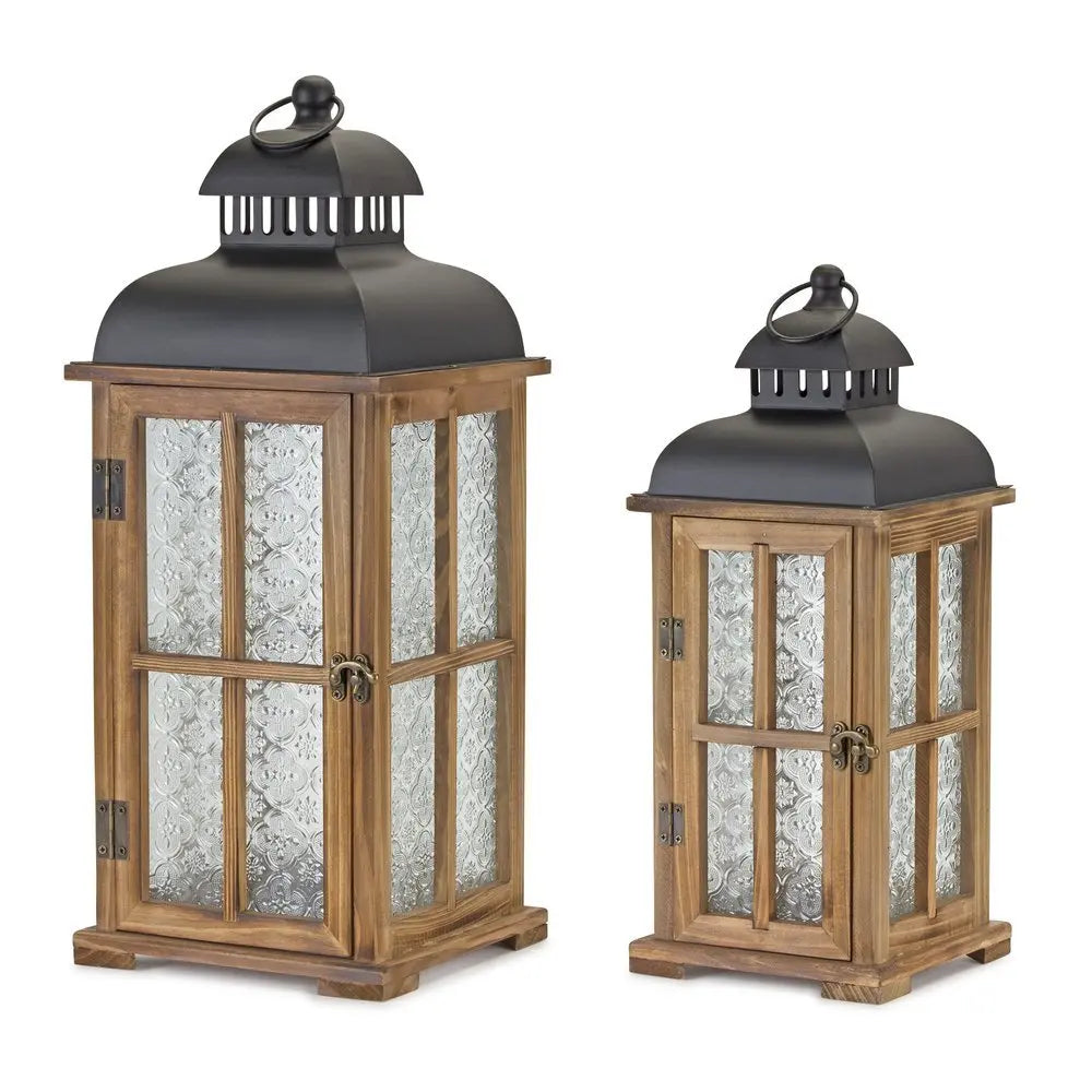 Set of Two Brown and Black Frosted Glass Wood and Metal Floor Lantern Candle Holders - NOBLE HOME INTERIORS