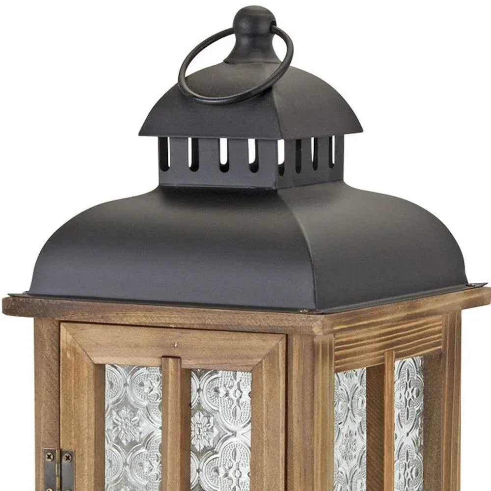 Set of Two Brown and Black Frosted Glass Wood and Metal Floor Lantern Candle Holders - NOBLE HOME INTERIORS