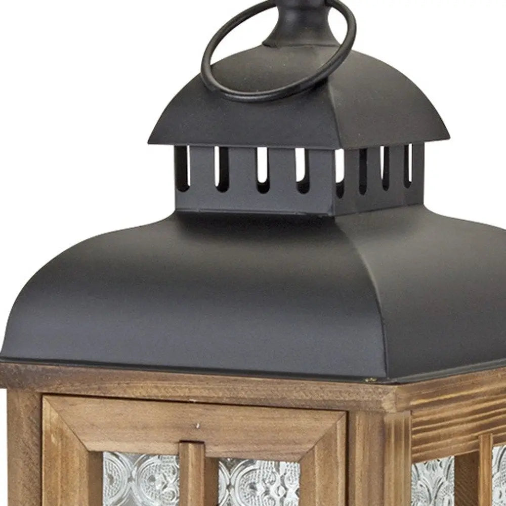 Set of Two Brown and Black Frosted Glass Wood and Metal Floor Lantern Candle Holders - NOBLE HOME INTERIORS