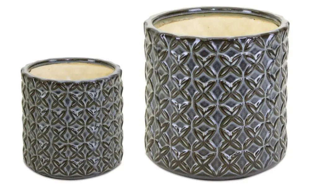 Set of Two Brown And Gray Clay 7 Ounce Geometric Round Pot Planters - NOBLE HOME INTERIORS