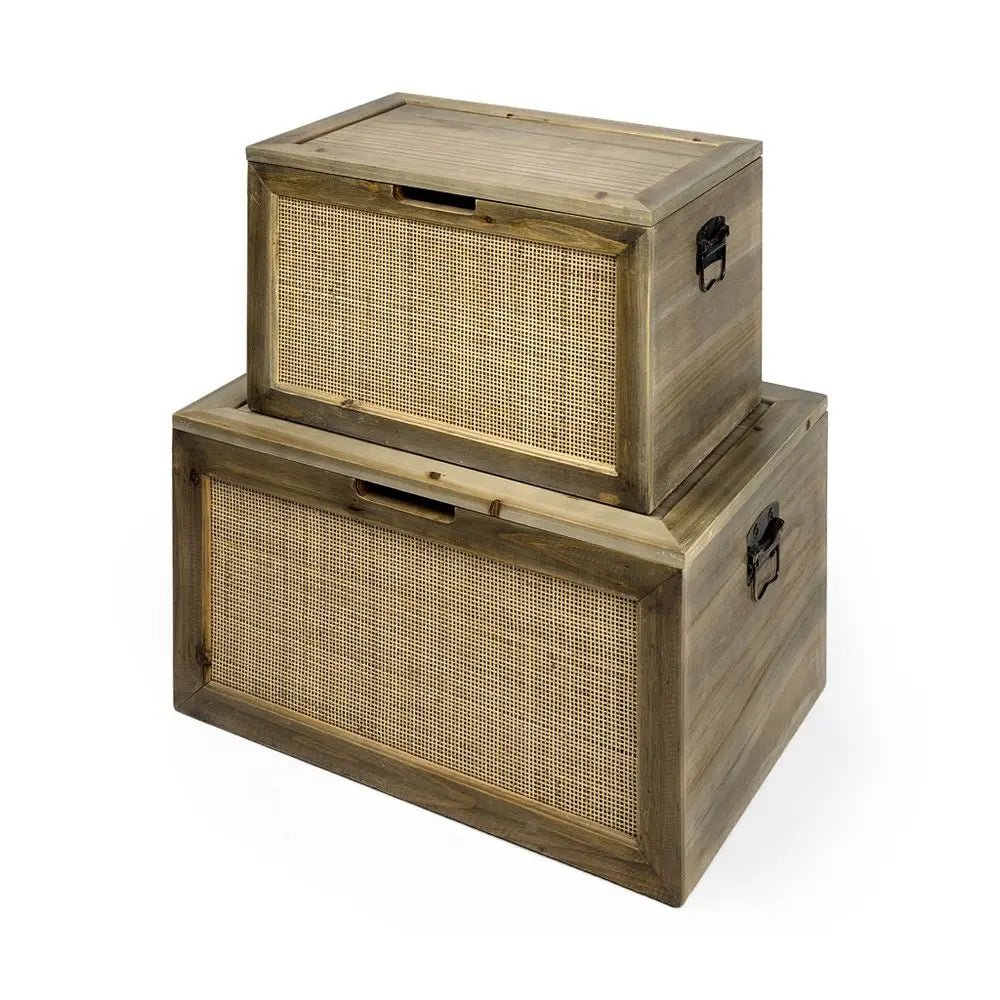 Set of Two Brown And Natural Cane And Solid Wood Box With Lid - NOBLE HOME INTERIORS