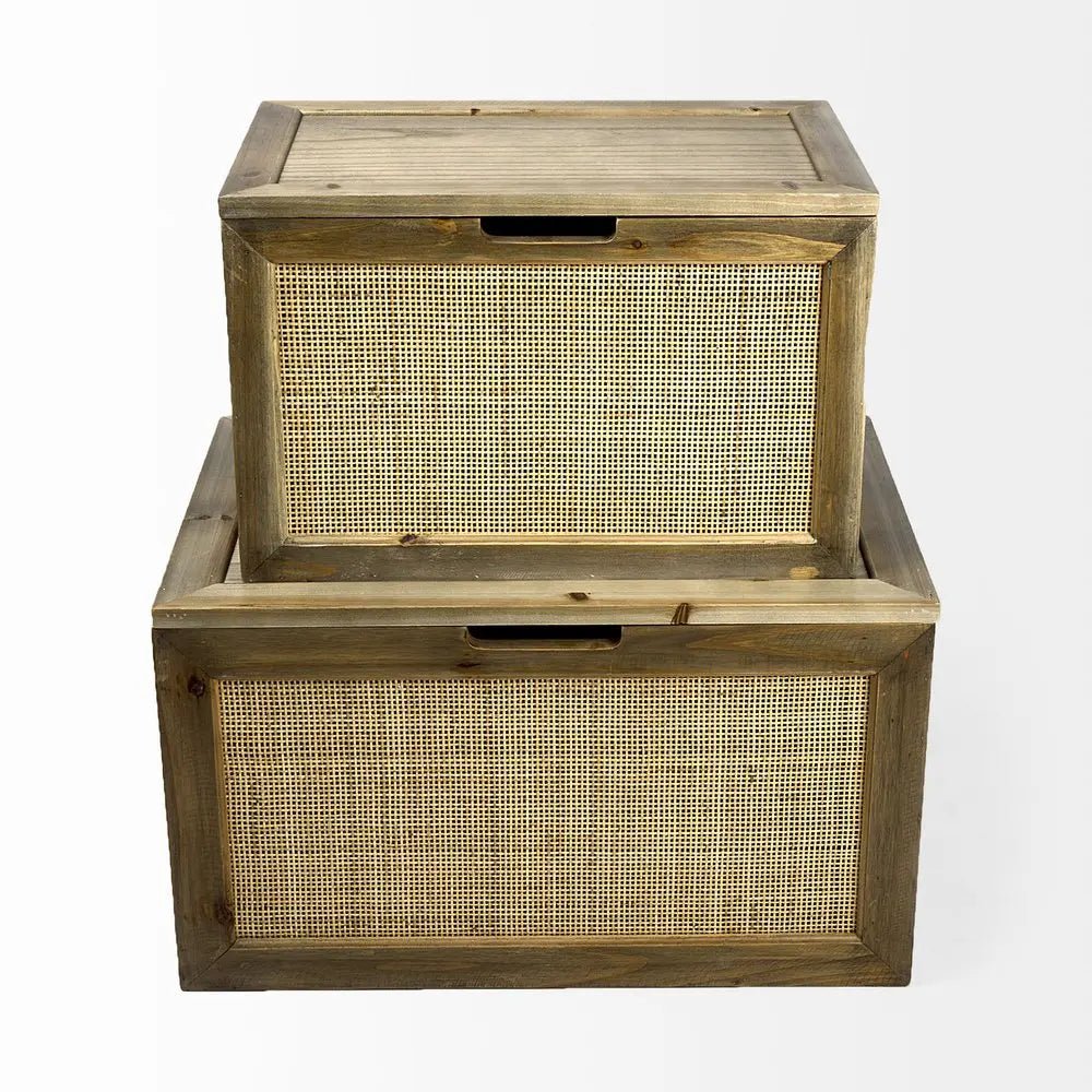 Set of Two Brown And Natural Cane And Solid Wood Box With Lid - NOBLE HOME INTERIORS