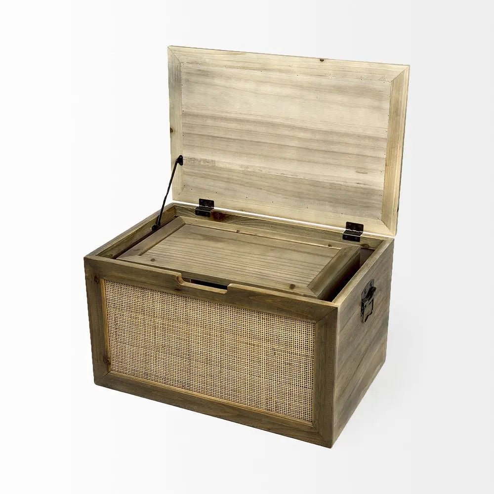 Set of Two Brown And Natural Cane And Solid Wood Box With Lid - NOBLE HOME INTERIORS
