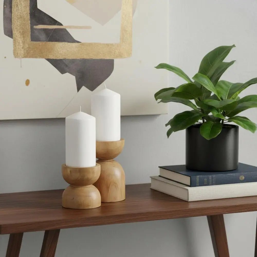 Set of Two Brown Distressed Geometric Solid Wood Tabletop Pillar Candle Holders HomeRoots