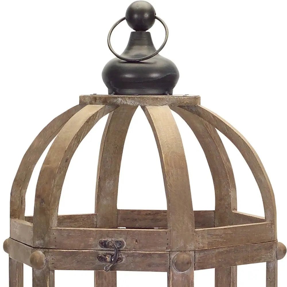 Set of Two Brown Distressed Wood And Glass Floor Lantern Candle Holders HomeRoots