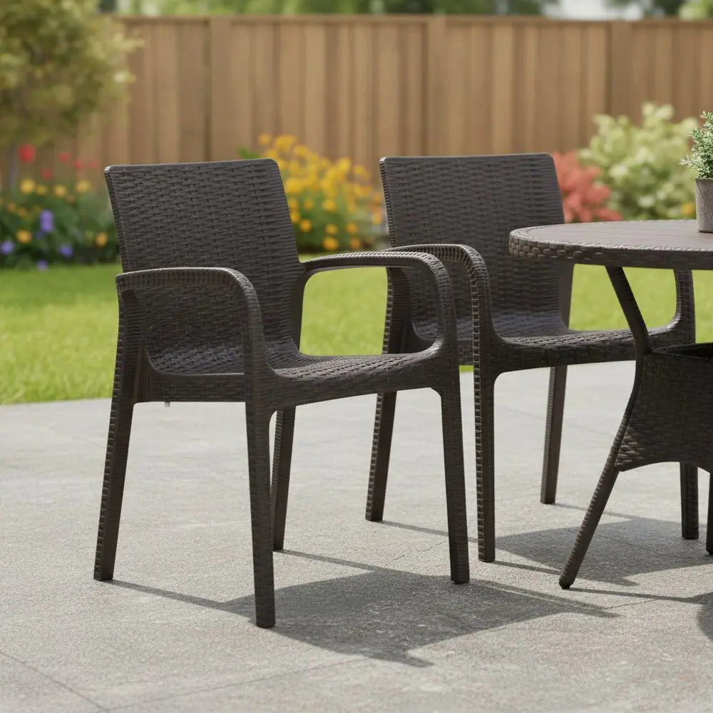 Set of Two Brown Faux Rattan Heavy Duty Plastic Outdoor Stacking Arm Chairs - NOBLE HOME INTERIORS