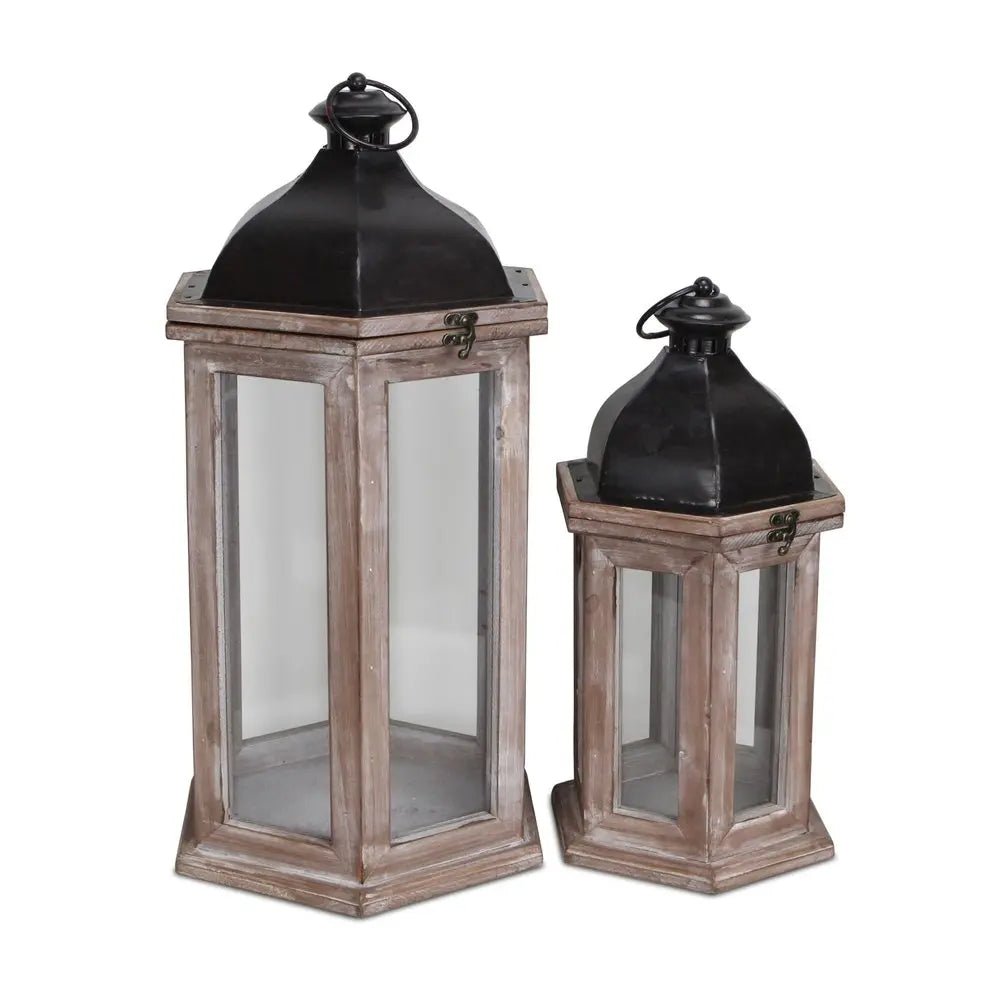 Set of Two Brown Geometric Metal And Solid Wood Floor Lantern Candle Holders HomeRoots