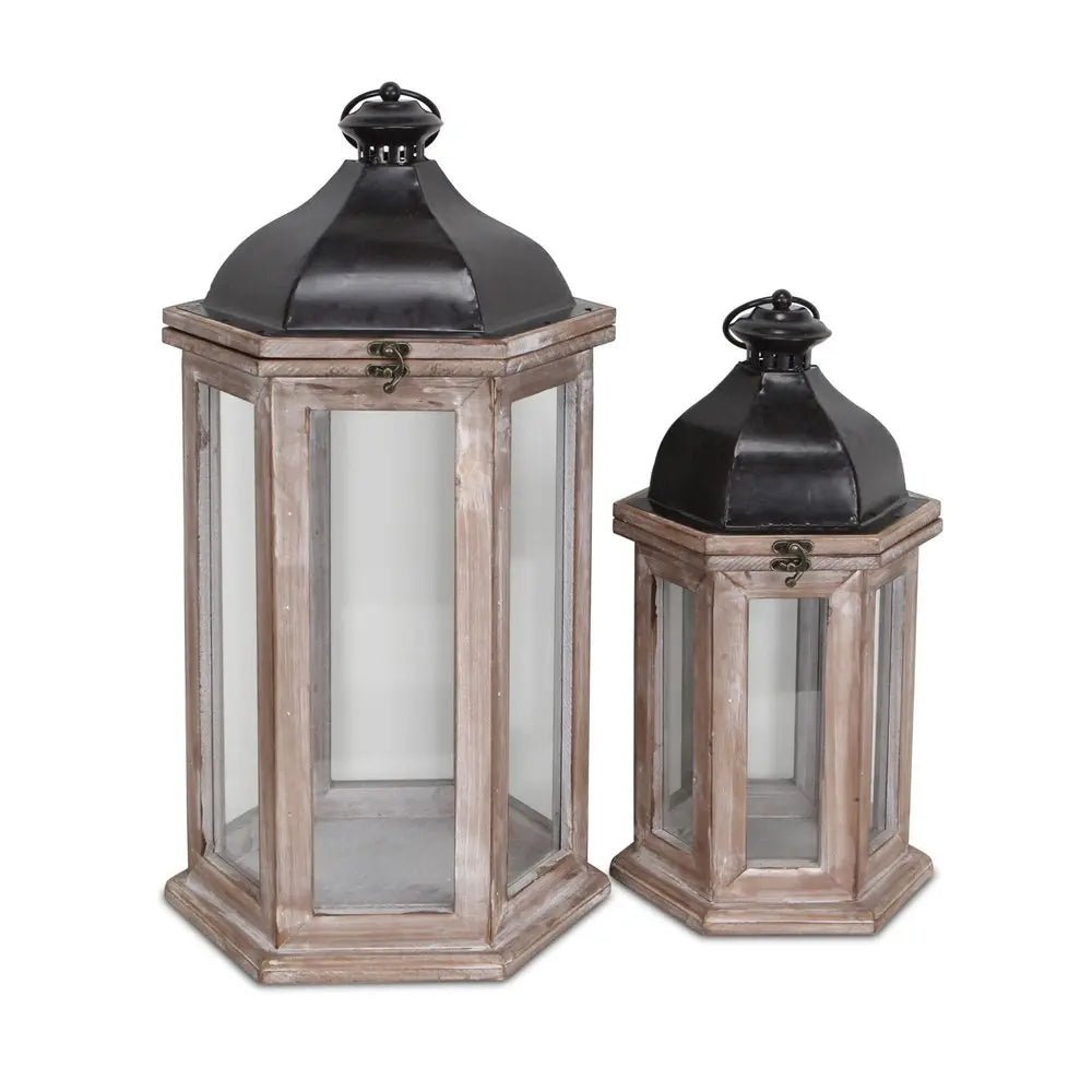 Set of Two Brown Geometric Metal And Solid Wood Floor Lantern Candle Holders HomeRoots