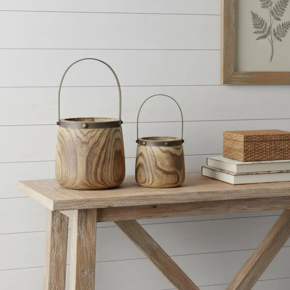 Set of Two Brown Round Wood Table Vase - NOBLE HOME INTERIORS