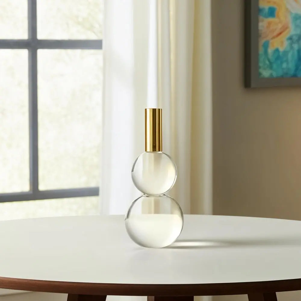 Set of Two Clear And Gold Geo Orbs Crystal Tabletop Taper Candlesticks - NOBLE HOME INTERIORS