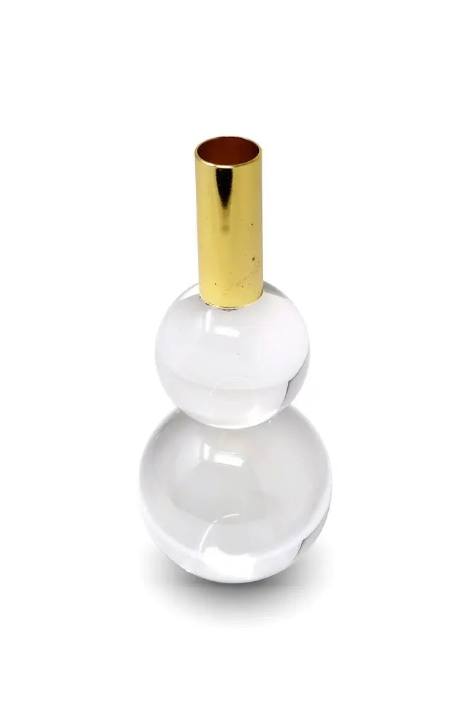 Set of Two Clear And Gold Geo Orbs Crystal Tabletop Taper Candlesticks - NOBLE HOME INTERIORS