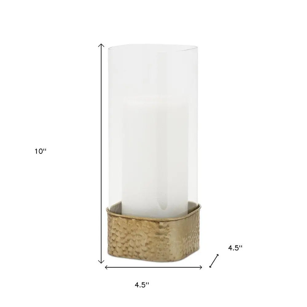 Set of Two Clear And Gold Hammered Glass And Metal Tabletop Hurricane Candle Holders - NOBLE HOME INTERIORS