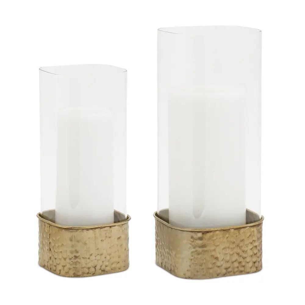 Set of Two Clear And Gold Hammered Glass And Metal Tabletop Hurricane Candle Holders - NOBLE HOME INTERIORS