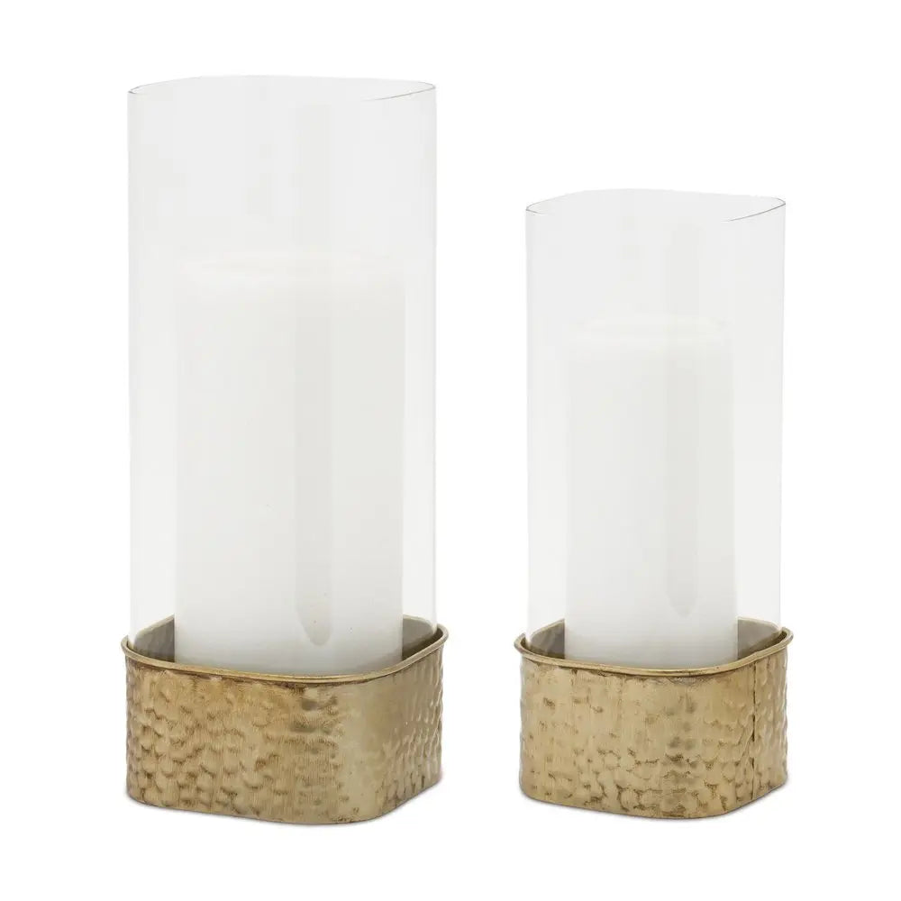 Set of Two Clear And Gold Hammered Glass And Metal Tabletop Hurricane Candle Holders - NOBLE HOME INTERIORS
