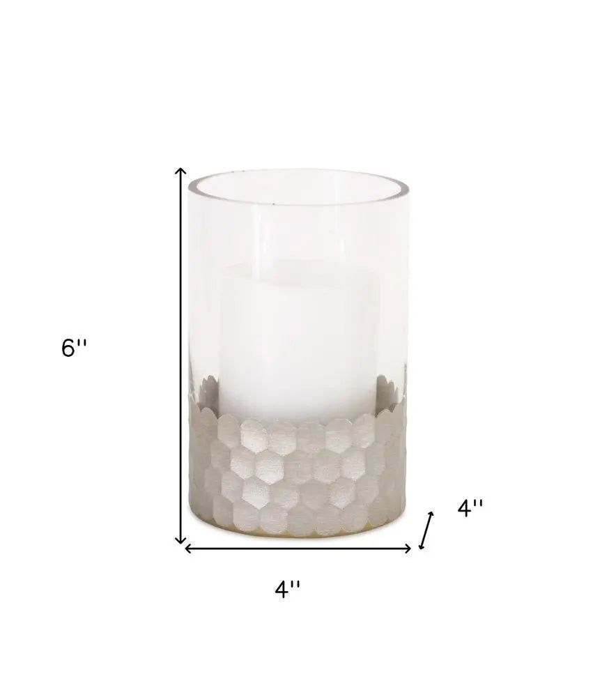 Set of Two Clear and Silver Glass Geometric Tabletop Pillar Candle Holders - NOBLE HOME INTERIORS