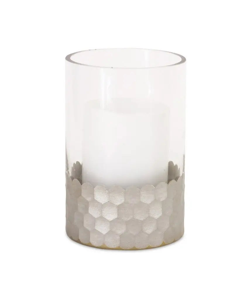 Set of Two Clear and Silver Glass Geometric Tabletop Pillar Candle Holders - NOBLE HOME INTERIORS