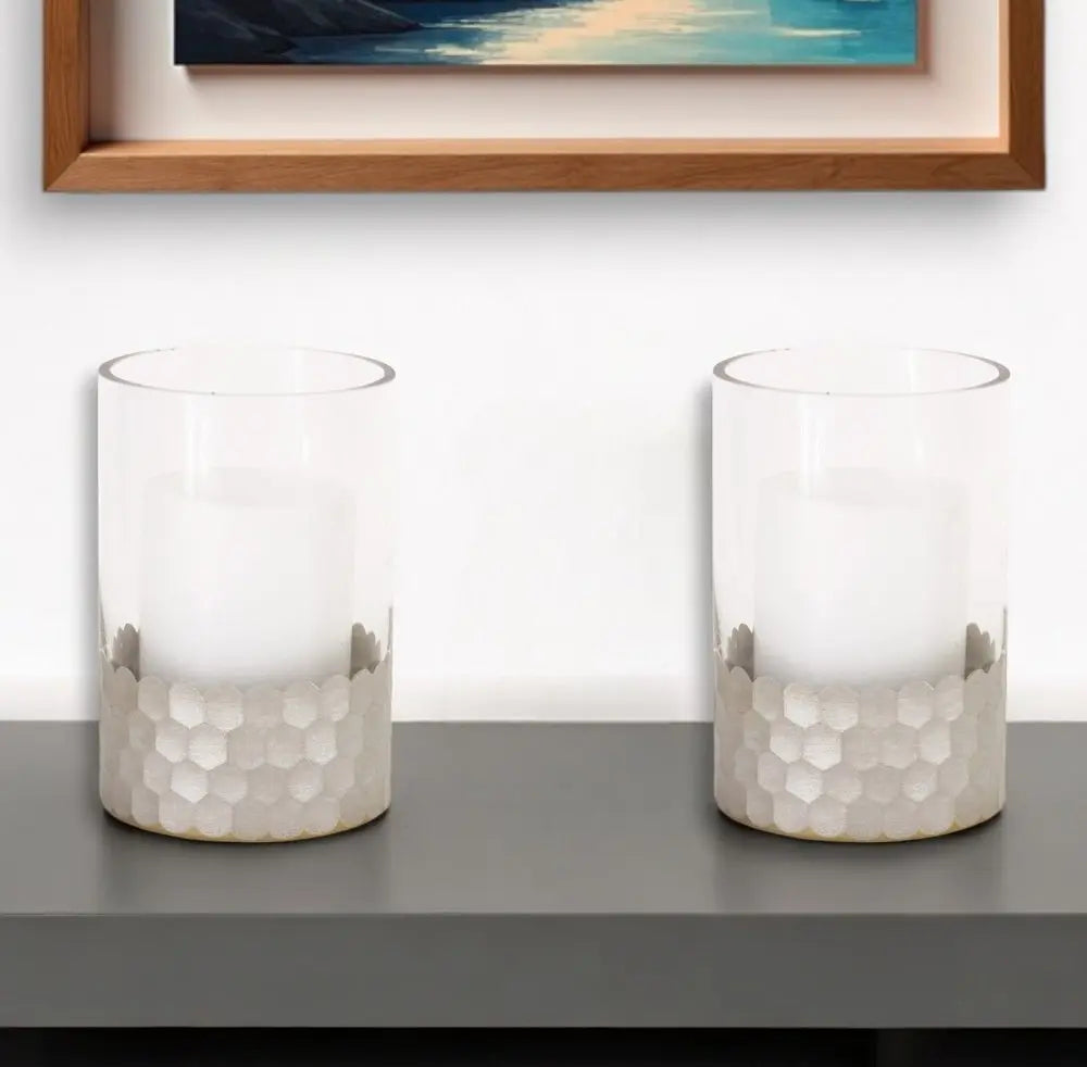 Set of Two Clear and Silver Glass Geometric Tabletop Pillar Candle Holders - NOBLE HOME INTERIORS