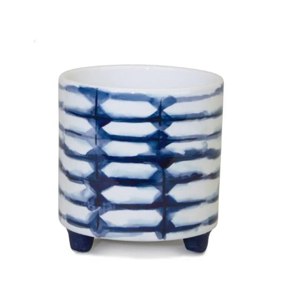 Set of Two Cobalt And White Ceramic 2 Ounce Round Footed Pot Planters - NOBLE HOME INTERIORS