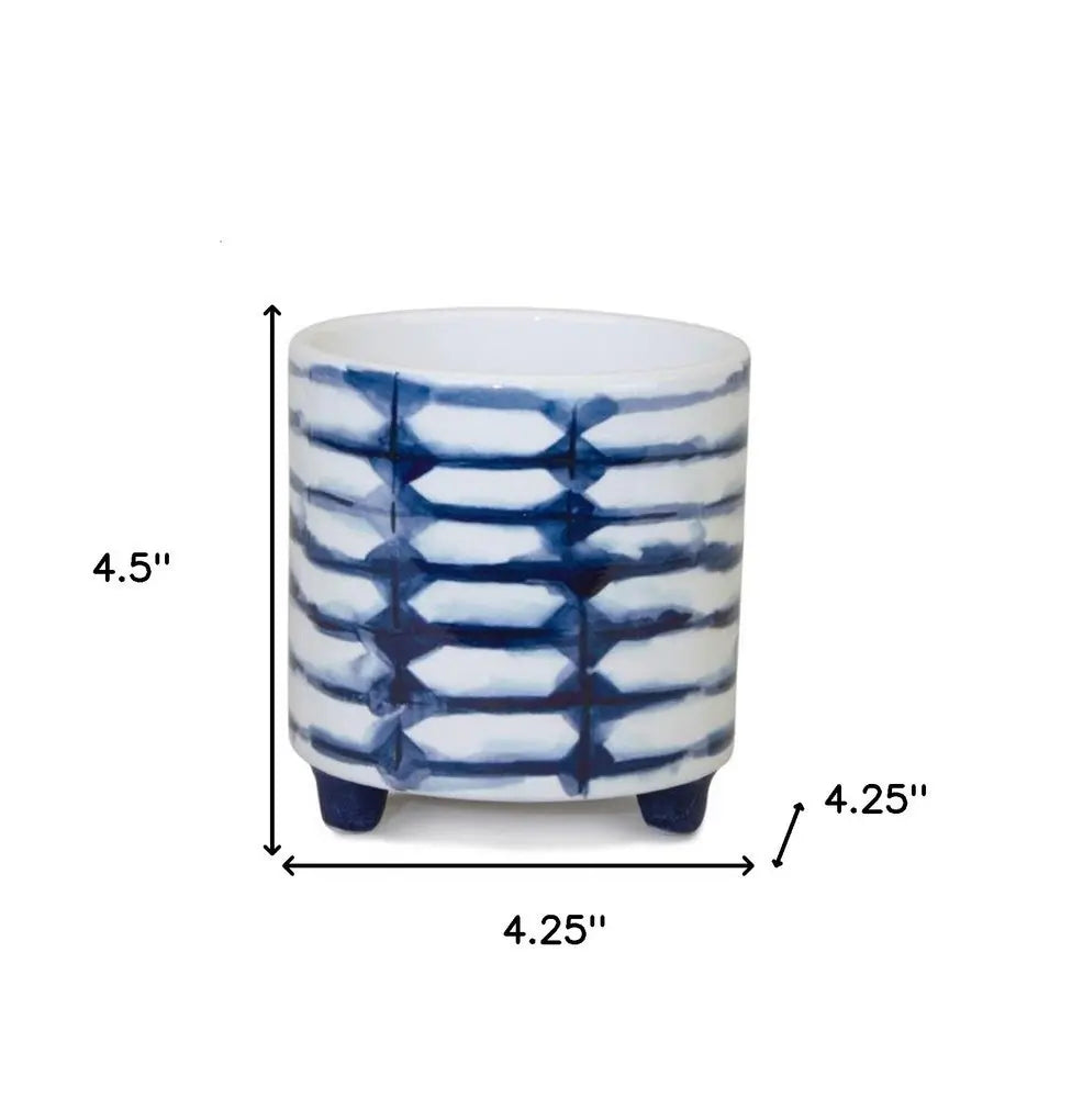 Set of Two Cobalt And White Ceramic 2 Ounce Round Footed Pot Planters - NOBLE HOME INTERIORS