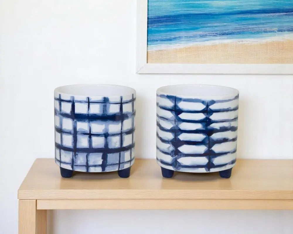 Set of Two Cobalt And White Ceramic 2 Ounce Round Footed Pot Planters - NOBLE HOME INTERIORS