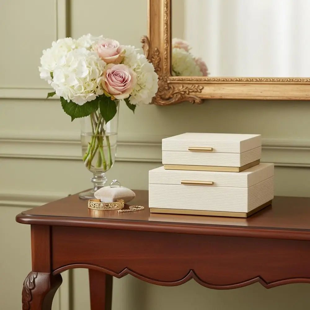 Set of Two Cream And Gold Nesting Wood Box With Lid - NOBLE HOME INTERIORS