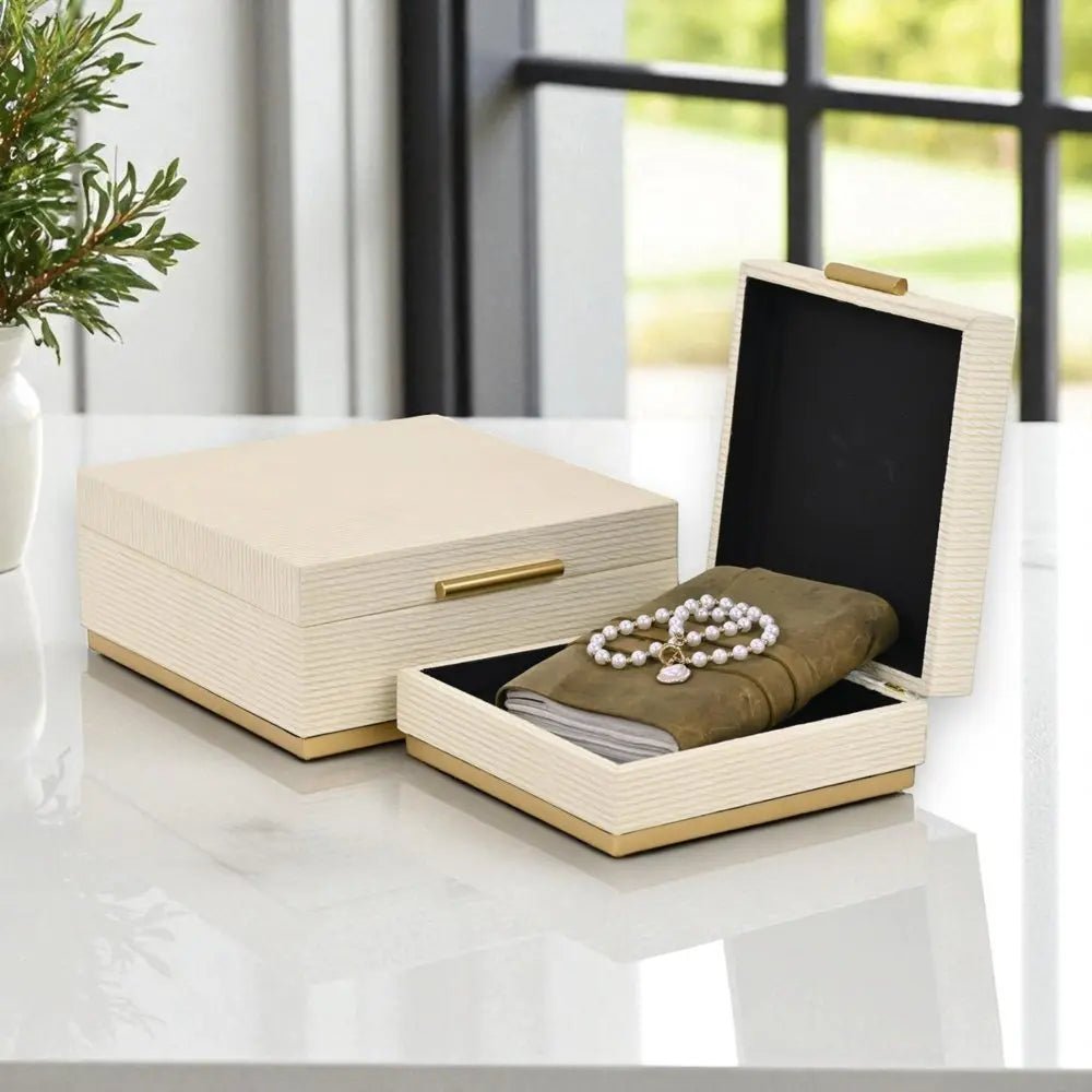 Set of Two Cream And Gold Nesting Wood Box With Lid - NOBLE HOME INTERIORS