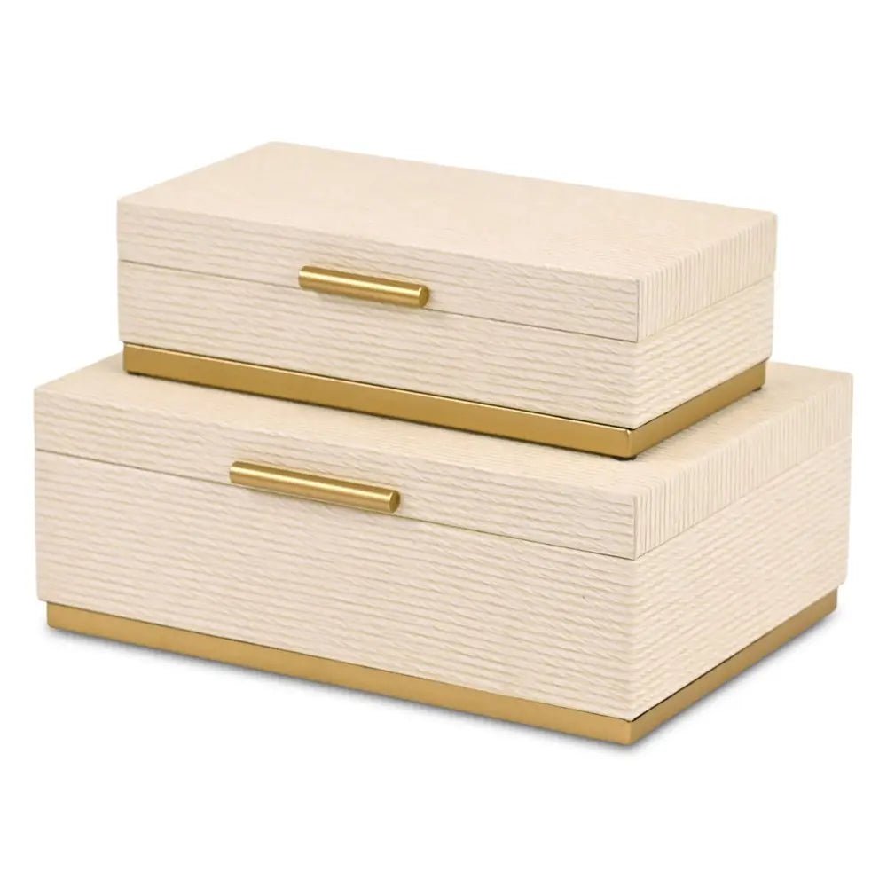 Set of Two Cream And Gold Striped Nesting Storage Boxes With Lids - NOBLE HOME INTERIORS