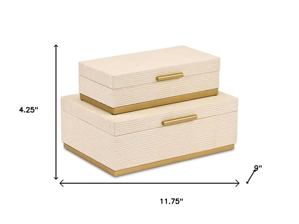 Set of Two Cream And Gold Striped Nesting Storage Boxes With Lids - NOBLE HOME INTERIORS