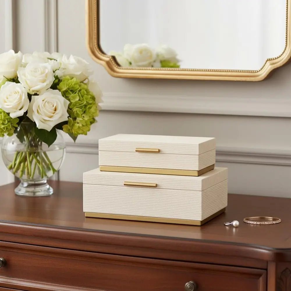 Set of Two Cream And Gold Striped Nesting Storage Boxes With Lids - NOBLE HOME INTERIORS