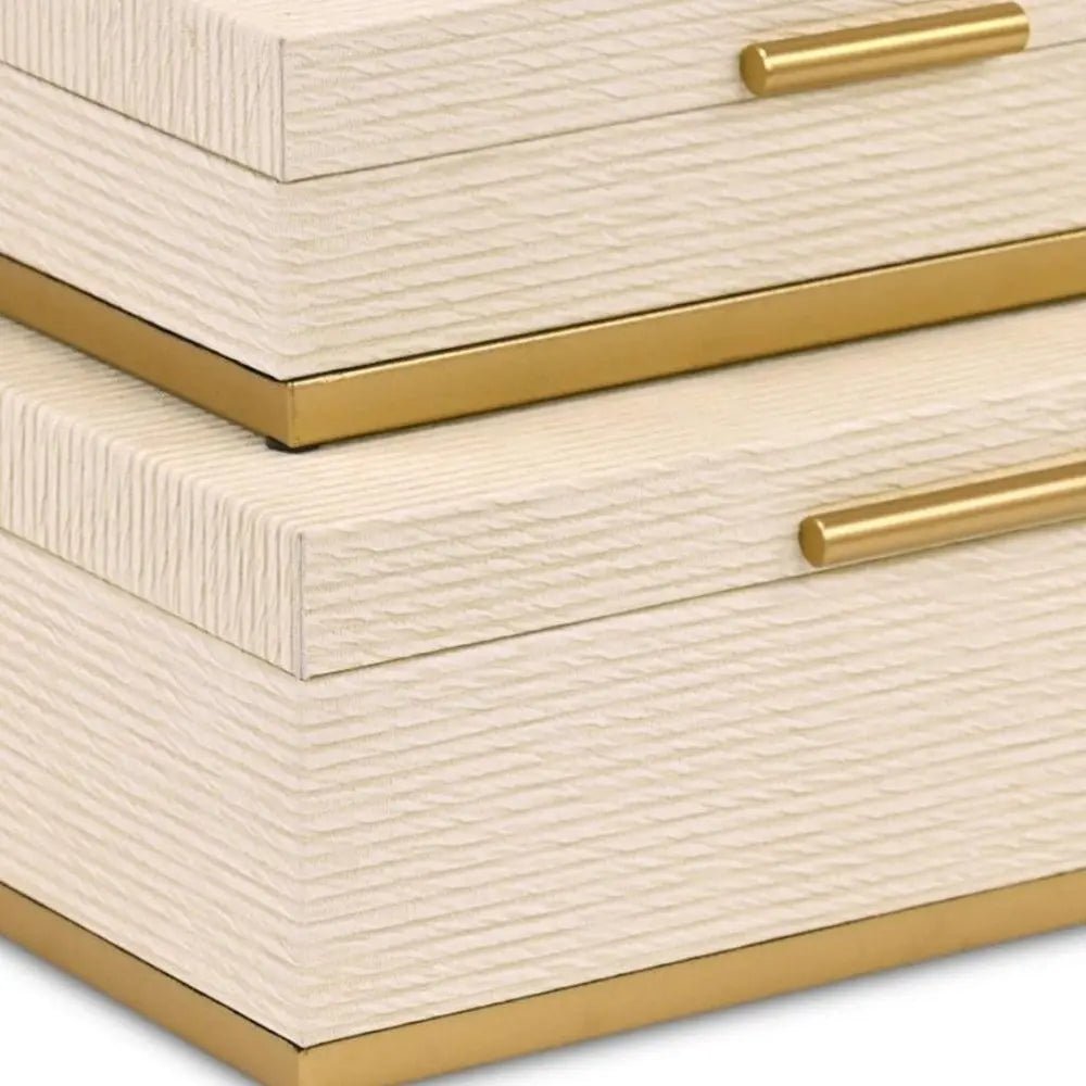 Set of Two Cream And Gold Striped Nesting Storage Boxes With Lids - NOBLE HOME INTERIORS