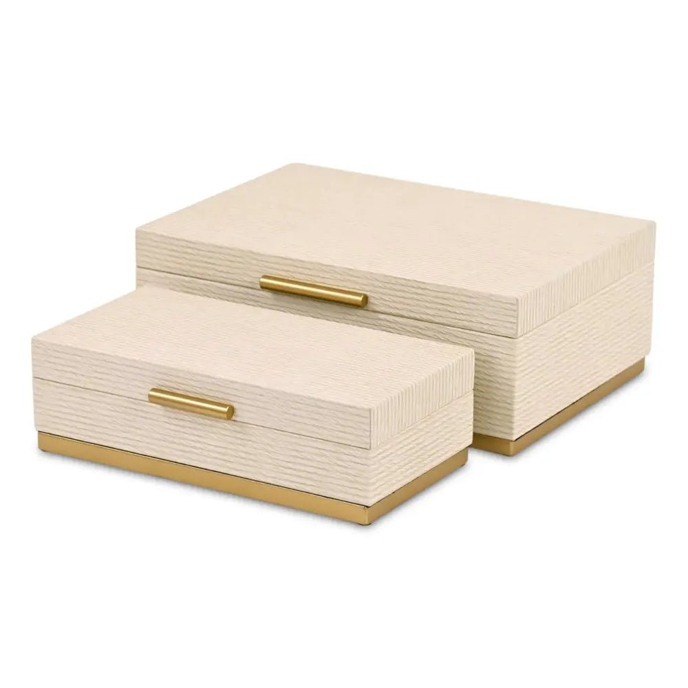 Set of Two Cream And Gold Striped Nesting Storage Boxes With Lids - NOBLE HOME INTERIORS