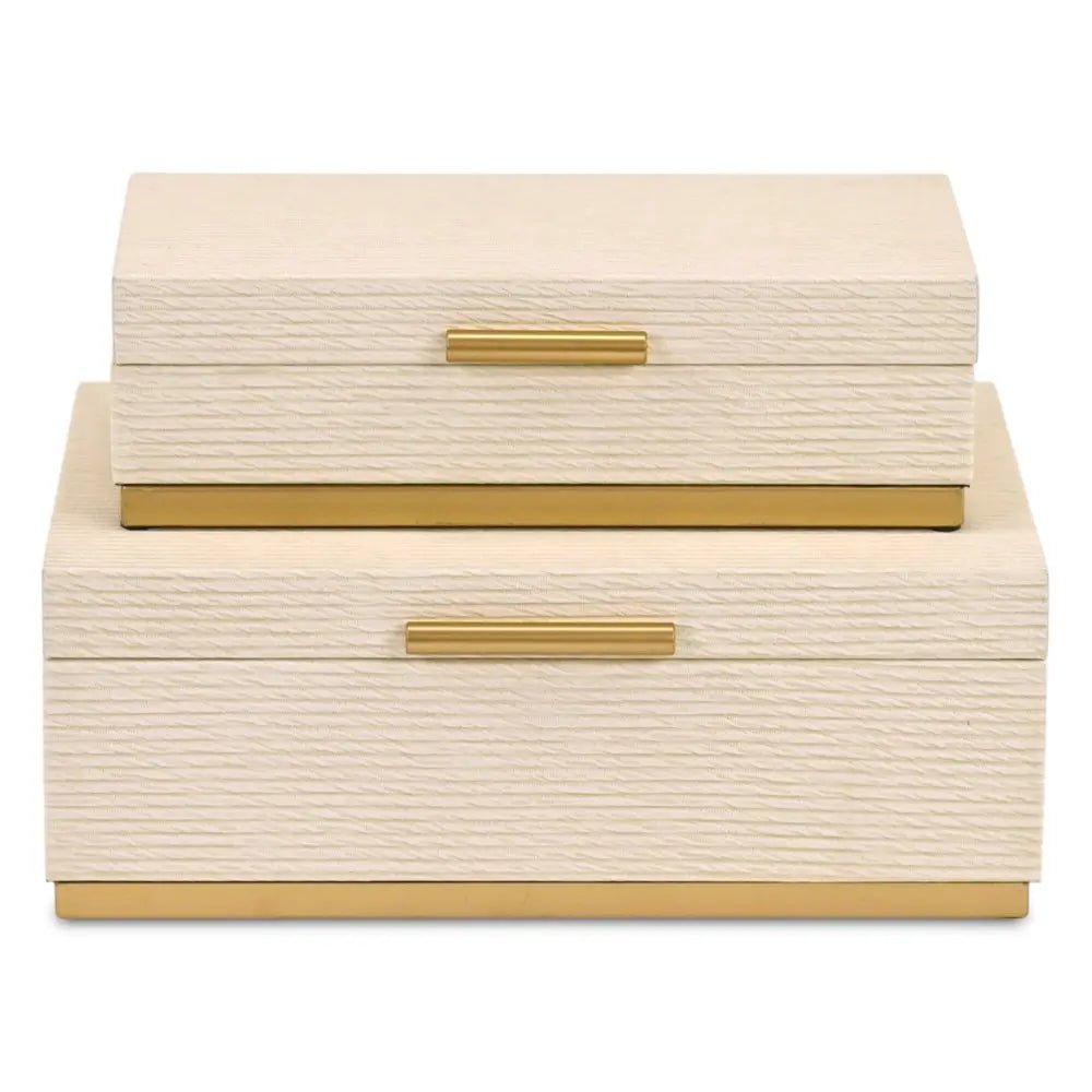 Set of Two Cream And Gold Striped Nesting Storage Boxes With Lids - NOBLE HOME INTERIORS
