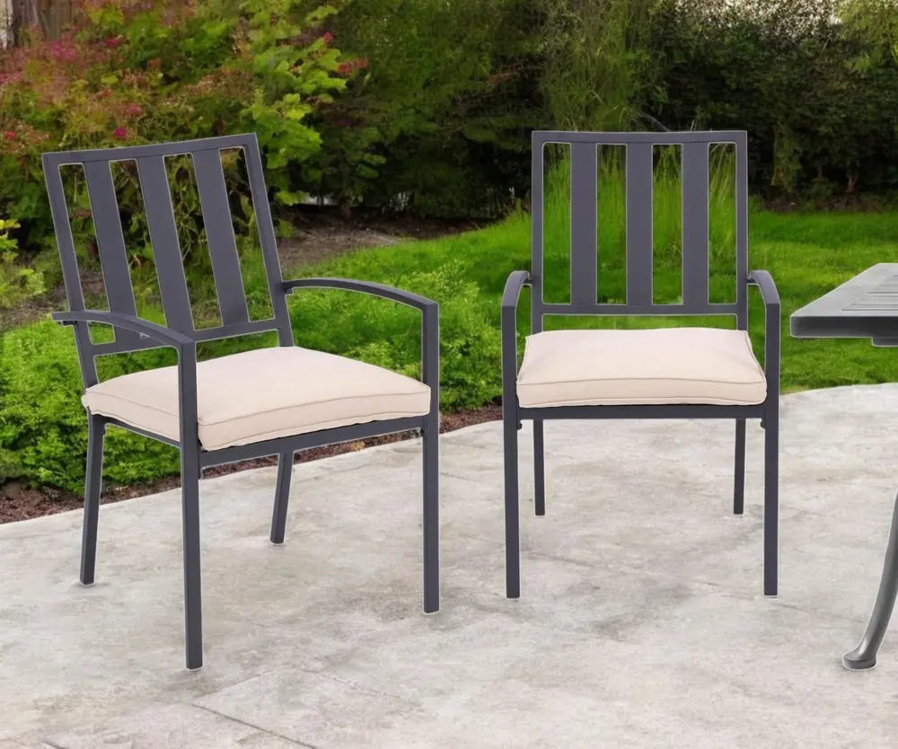 Set of Two Dark Gray Aluminum Outdoor Stacking Dining Chairs with Beige Cushion - NOBLE HOME INTERIORS