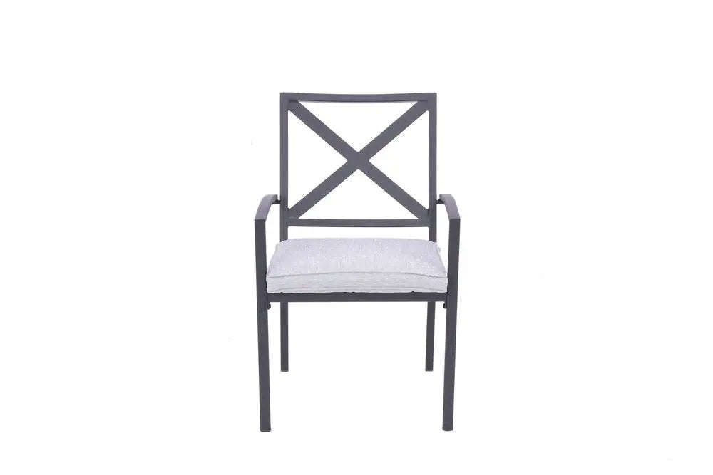 Set of Two Dark Gray Aluminum Outdoor Stacking Dining Chairs with Light Gray Cushion - NOBLE HOME INTERIORS